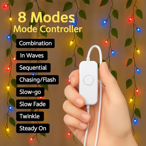 Image of Gesto Artificial Leaf Curtain LED String Lights - Multicolor Fairy Lights with 8 Modes Controller, AC Plug for Home,Room,Wall,Birthday,Wedding & Diwali Decoration, Green Leaf Hanging Lights (10x3 Ft)