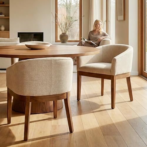 Image of HNY Barrel Dining Chairs Set of 2, Mid Century Modern Upholstered Dining Chairs with Arms, Linen Kitchen & Dining Room Chairs, Solid Wood Frame Accent Chairs for Kitchen, Apartment, Beige