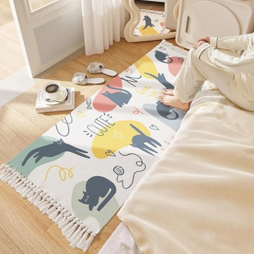 Image of SAGON 2x5 Ft Printed Runner Carpet - Cotton Bedside Rug for Bedroom & Living Room (Cute Cat Pattern)