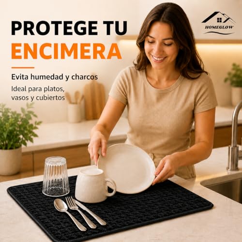 Miniatura 6 de Homeglow Alfombrillas Escurreplatos De Microfibra Negra 51x38 Cms Pack De 2 Antideslizante Y Absorbente Para La Encimera De Cocina Secado De Platos, Vasos, Cubiertos Y Utensilios Delicados 2