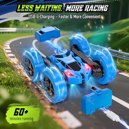 Image of Hamdol Remote Control Stunt Car for Kids, 360 Spinning Double-Sided RC Toy with Headlights, 4WD USB-C Rechargeable Vehicle for Boys Ages 6-12, Educational STEM Toy