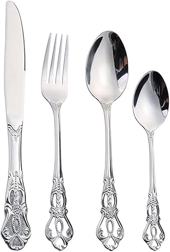 Miniatura 8 de Juego de cubiertos para 14 cubiertos de acero inoxidable estilo palacio, decoración de alivio hueco, 56 piezas, incluye cuchillos, tenedores y