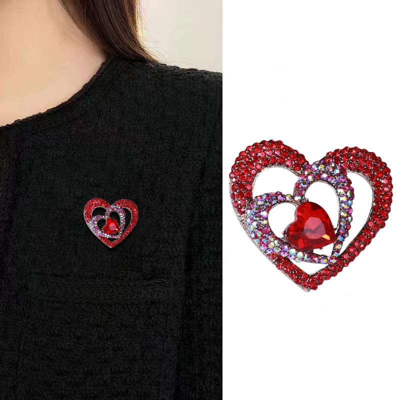 Image of Sparkly Full Rhinestone Heart Brooch Pin Hollow Double Lapel Pin Badge Red Heart Pins Mothers Day Gift Jewelry