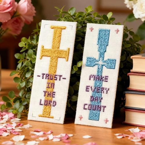 Image of INFUNLY 6pcs Cross and Word Cross Stitch Bookmark Kit for Beginners DIY Cross Embroidery Bookmark Kits Inspirational Words Needlepoint Kit with Instruction Easy Cross Stitch Set for Book Lovers Reader