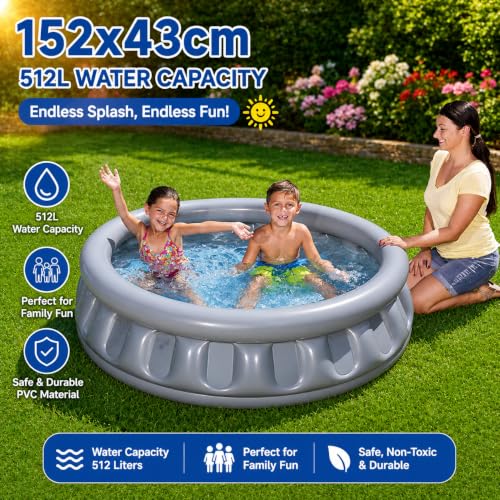Image of NHR Inflatable Swimming Pool for Kids (152 x 43 cm, 5 Feet), 512L Round Water Splash Pool Bath Tub for Toddlers & Children, Heavy Duty BPA Free Non-Toxic Grey Outdoor Indoor Lawn Garden Water Pool