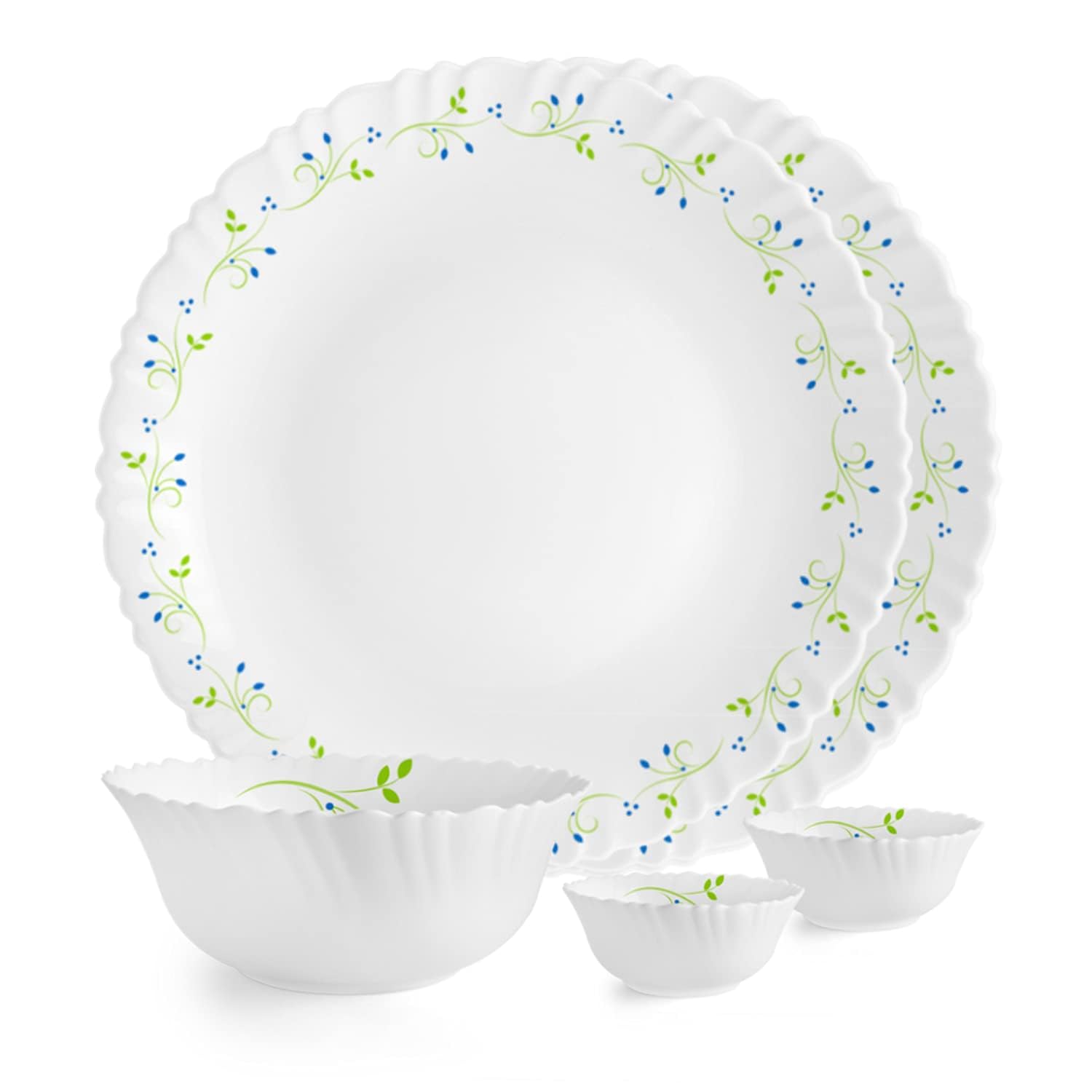 CELLO Tropical Lagoon Dazzle Series Opalware Dinner Set of 5 Pieces for Family of 2 | Bone-Ash Free & Leadfree Opal Glass, Microwave & Dishwasher Safe Plates & Bowls Crockery Set for Dining & Gifting