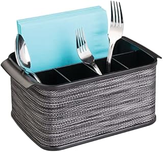 mDesign Cutlery Holder with Handles - Decorative Cutlery Basket for Kitchen, Garden or Picnic - Storage Box with Large Compartments - Black