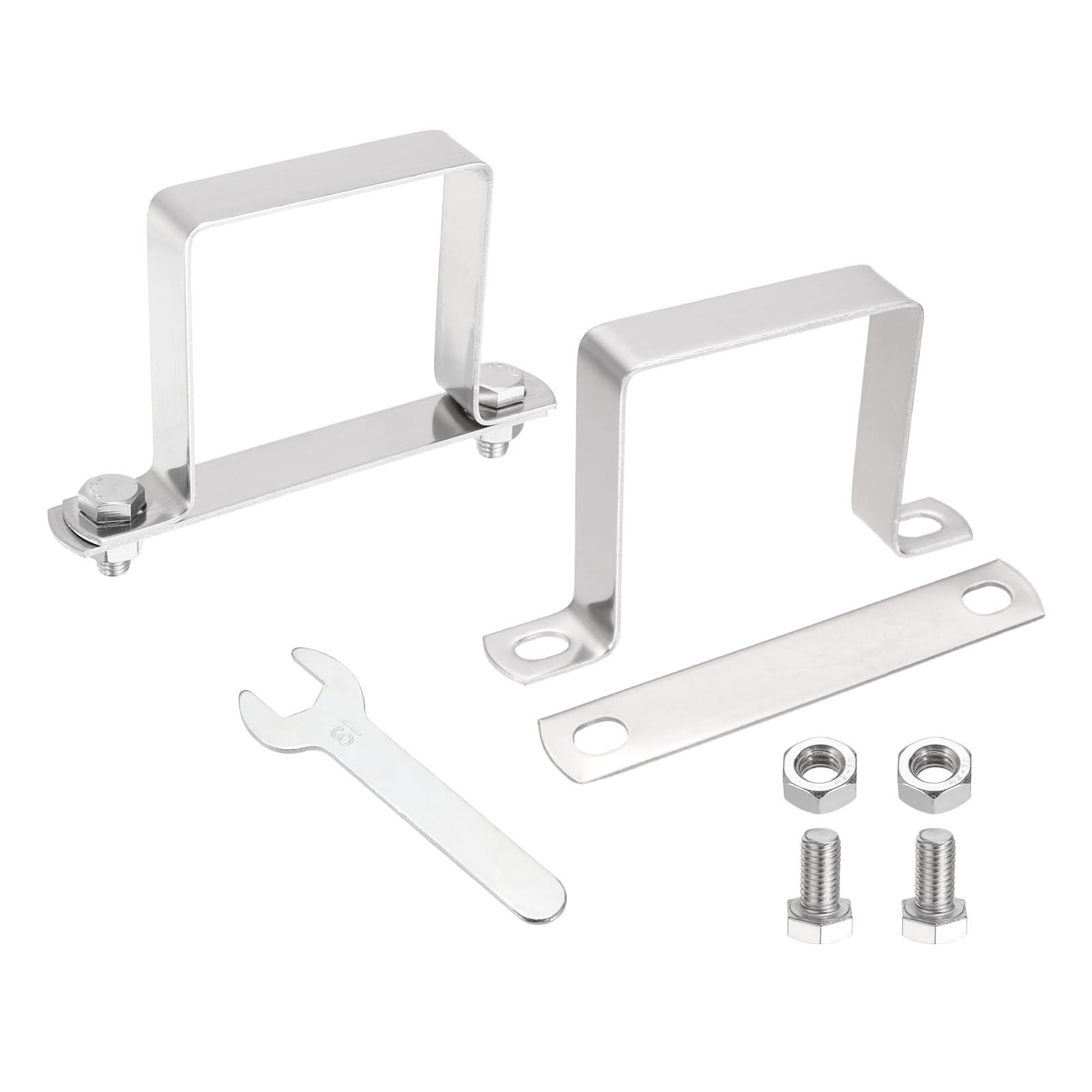 sourcing map 2Pcs U Shape Square Tube Clamp, 70x70mm U Shaped Bracket 304 Stainless Steel Square Strap Clamp with Bolt Plate Nuts and Wrench for Pipes Door Closed Bar Holder Railings