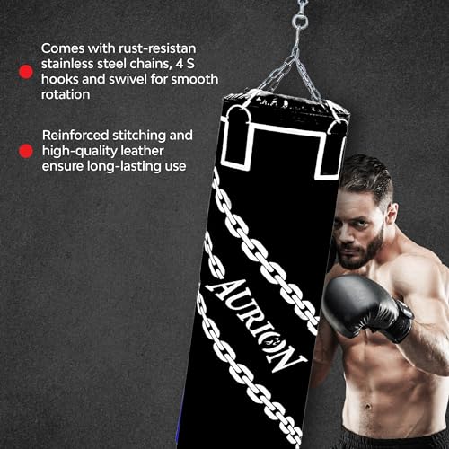Image of Aurion by 10Club 3 Feet Synthetic Leather Filled Punching Bag Combo | Boxing Punching Bag with Boxing Gloves 12Oz & Hanging Chain | Boxing | MMA | Kickboxing |Taekwondo - Black 3 Feet /36 Inches