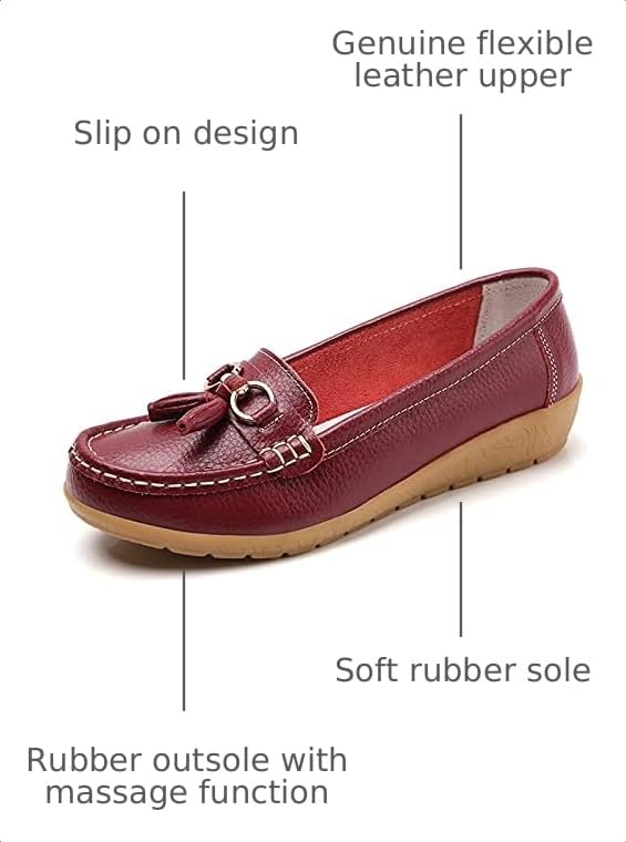 Image of Women Loafers Leather Rubber Sole Slip On Walking Flats Casual Moccasin Boat Shoes