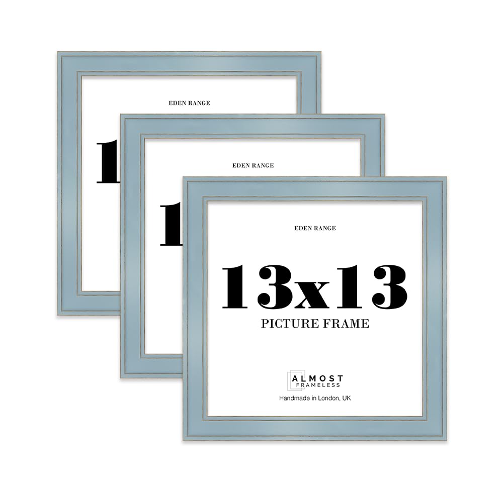13x13 Cornflower Blue Picture Frame - Shabby Chic Photo Frame with Distressed Finish, Gold Trim, Wall Hooks, 37mm Edge - 3 Pack