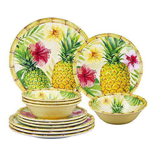 Gourmet Art 12-Piece Bamboo Pineapple Heavyweight and Durable Melamine Dinnerware Set, Service for 4. Includes Dinner Plates, Salad Plates and Bowls, for Indoors Outdoors Use and Everyday Use.