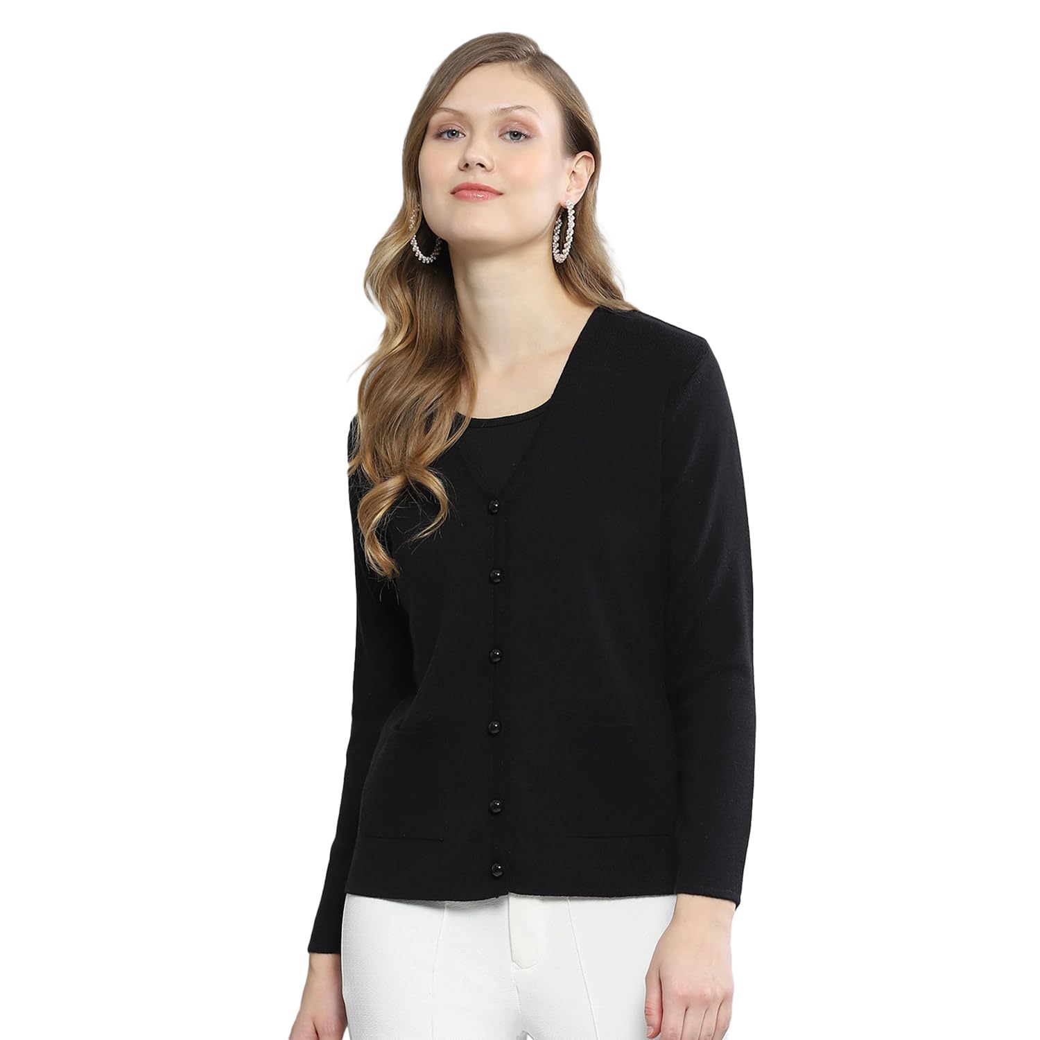 cloak & decker Womens Solid Black V Neck Full Sleeve Cardigan_6240618025-3-picture-31
