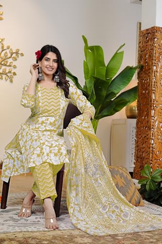 Image of MIRCHI FASHION Women's Straight Fit Pure Cotton Sequins Thread Work Leaf Printed Kurta Set with Dupatta and Trouser