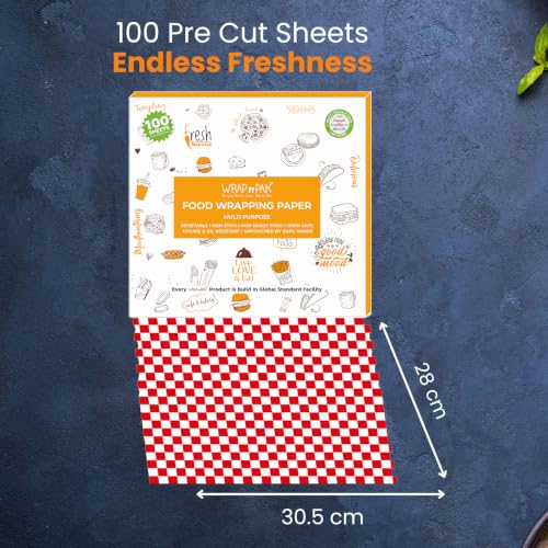 Image of Food Wrapping Paper Sheets | Delhi Sheets | 100 Sheets | Food Grade | Oil Resistant & Non Soggy | Roti Chapati Burger Pizza Sandwich Paper | Parchment Paper (Chequered, 11x12 inch)