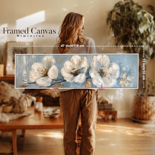Image of PAINTINGMANTRA White Cherry Blossom Flowers Wall Art Painting, Framed Floral Wall Art Painting for Living Room, Home and Office Wall Decoration (13x47 Inch)