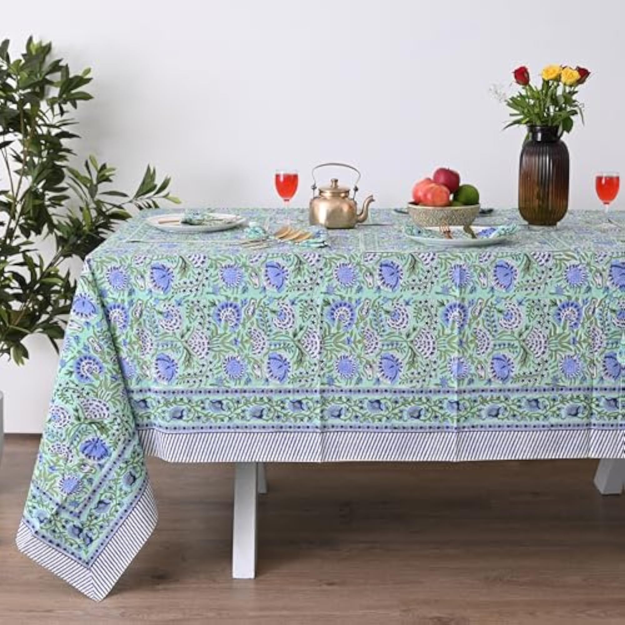 Hand Block Printed Cotton Table Cloth with Matching Napkins