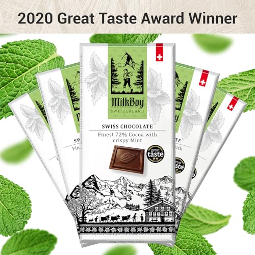 Milkboy Swiss Chocolates Crispy Mint Dark Chocolates - All Natural 72% Cocoa Bars - Made in Switzerland - Dairy Free - Vegan - Gluten Free - Non-GMO - Kosher - 3 oz, Pack 2