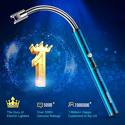 RONXS Lighter, Upgraded Candle Lighter Camping Lighter Grill Lighter USB Lighter Plasma Arc with LED Battery Display Safety Switch, Longer Flexible Neck for Candle Cooking BBQs Fireworks (Blue)