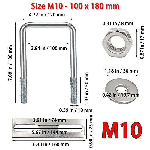 Duoyif M10 U-Bolt Square Stainless Steel U-Bolts 100 x 180 mm with Nut Frame Plate Washer for Pipe Mounting Car Towing - Image 2