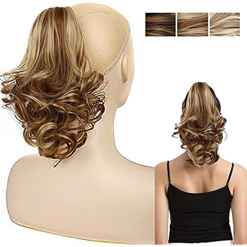 Clip in Hair Ponytail Extension Drawstring Curly Fake Pony Tail Clip Claw Short Ponytail Synthetic Heat Fabric Hair Piece Wavy High Pony Tails Hair Safe & Friendly for Women Girls Kids (12H24#) Cover