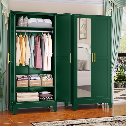 Image of GAIOUS Metal Wardrobe Cabinet with Mirror and Hanging Rod, 71 inch Green
