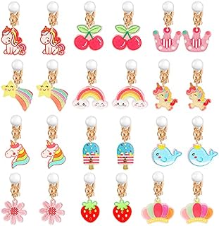 Hifot 12 Pairs Clip on Earrings Girls, Unicorn Rainbow Strawberry Flower Princess No Pierced Earrings for Kids, Party Favors Pretend Play Jewelry Accessories