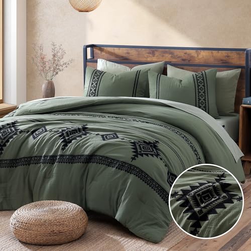 MaiRêve Embroidery Comforter Set, Boho Farmhouse Western Bedding Set, All Season Bed in A Bag Comforter Set with Sheets, Pillowcases & Shams, Olive Green King 7 Pieces