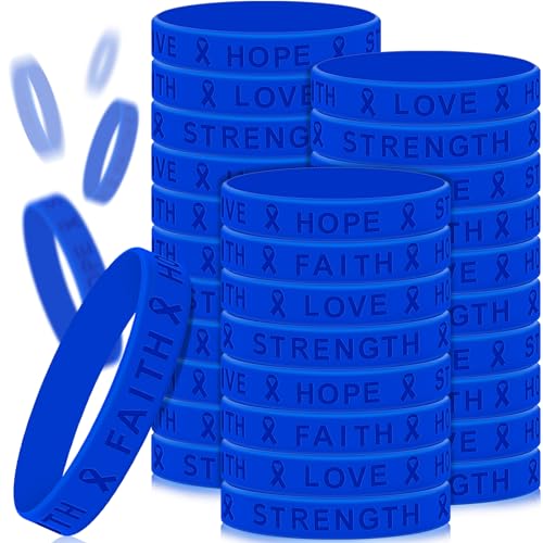 Bucherry 100 Pcs Child Abuse Awareness Colon Cancer Bracelets Bulk Blue Ribbon Awareness Bracelets Rubber Wristband Embossed Silicone Bracelet for Public Party Favors Girls Boys Child
