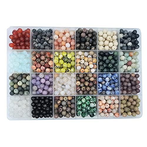 1200pcs 6mm Natural Round Stone Beads - Gemstone Loose Hole Size 1mm DIY Smooth for Bracelet Necklace Earrings Jewelry Making, Box Packed (24 Material-2, 6mm)