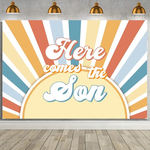 MEHOFOND 7x5ft Here Comes The Son Baby Shower Backdrop Retro Sunshine Baby Shower Party Decorations Background for Boy Boho Sun Retro Muted Sunrise Here Comes The Son Baby Shower Photo Booth Banner