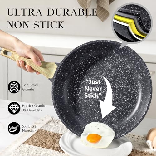 Image of GiPP Nonstick Skillet Frying Pan with Lid,Grey Granite Non Stick Pans,Omelette Pan with Heat-Resistant Handle,Compatible with All Stovetops,PFOA Free (Grey, 24cm+Lid)