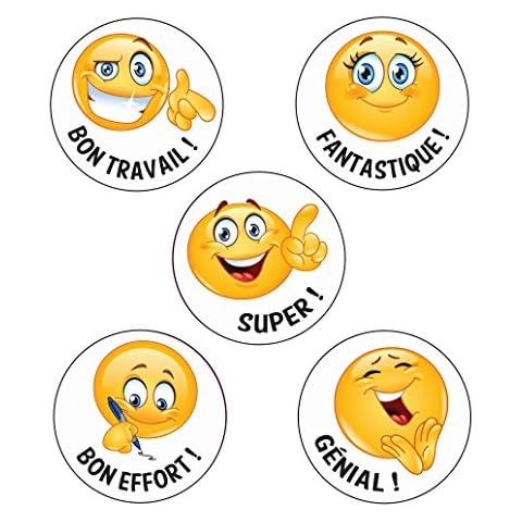 125 x Bon Travail ! French Language Emoji Stickers. Mix of Designs/Messages. 28mm School Stickers Cover
