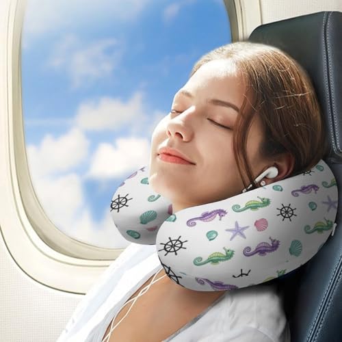 Image of Comfortable Memory Foam Travel Neck Pillow Sea Horse Seashell Anchor, Washable Removable Cover, Chin Head Support for Airplane Car Office Pain Relief Sleeping