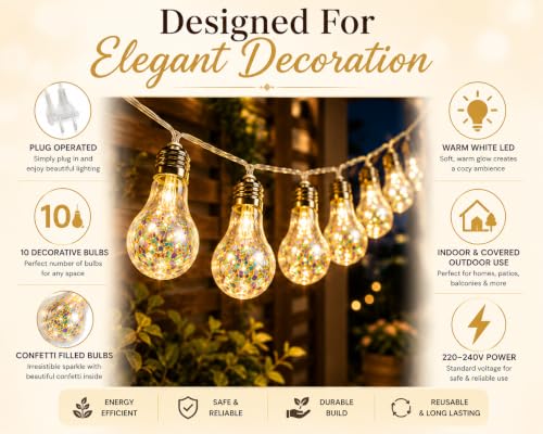 Image of Quace 10 Bulb Plug-in Confetti String Lights, Warm White LED Decorative Fairy Lights,Hanging Bulb Lights for Bedroom, Balcony, Patio, Wedding, Party & Home Decor