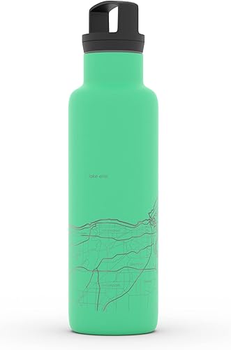 Miniatura 841 de Well Told Botella de agua aislada con mapa Chicago Illinois, grabado de acero inoxidable (21 onzas, gris muelle) botella aislada de mapa
