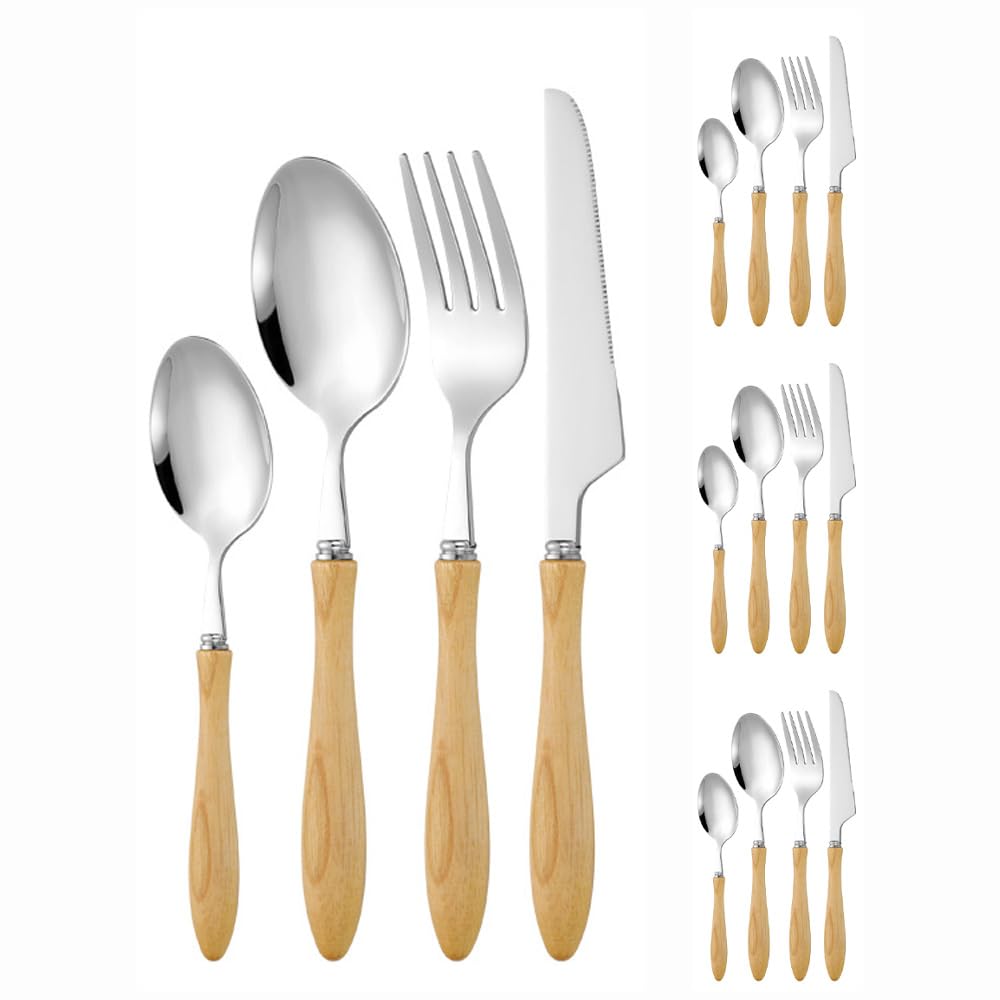Couverts de Cuisine en Bois de frêne Massif, Couverts en Acier Inoxydable, Couteaux et fourchettes en Acier, Couverts pour la Maison, Les fêtes et Les Restaurants (Manche en Gourde