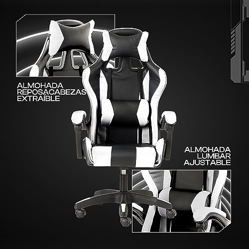 Miniatura 4 de Baroni Home Silla De Gaming Blanca Y Negra, Silla Ergonómica De Oficina Con Respaldo Regulable De 90 A 120 , Con Reposacabezas, Reposabrazos Y Soporte Lumbar. Rotación De 360