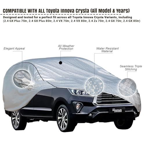 Image of Pivalo Car Cover for Innova Crysta All Model & Years (2005-2025) 100% Waterproof with Mirror Pockets, Triple Stitched Bottom Elastic Dustproof Full Body Protection (Heat & UV Resistant, Silver)