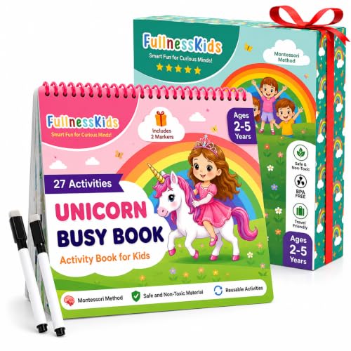 Image of FullnessKids Unicorn Busy Book for Toddlers 2-5 Years | 27 Activities Montessori Learning Toy | 14 Velcro Activities & 13 Wipe and Write Activities | Reusable Educational Activity Binder | Travel Toy & Birthday Gift for Girls
