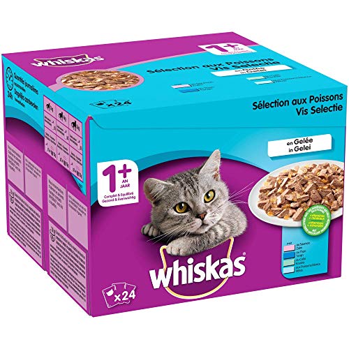 Whiskas Sélection aux Poissons en Gelée  Nourriture humide pour chat adulte  Alimentation complète en sachets fraîcheur  2 x 24 x 100g