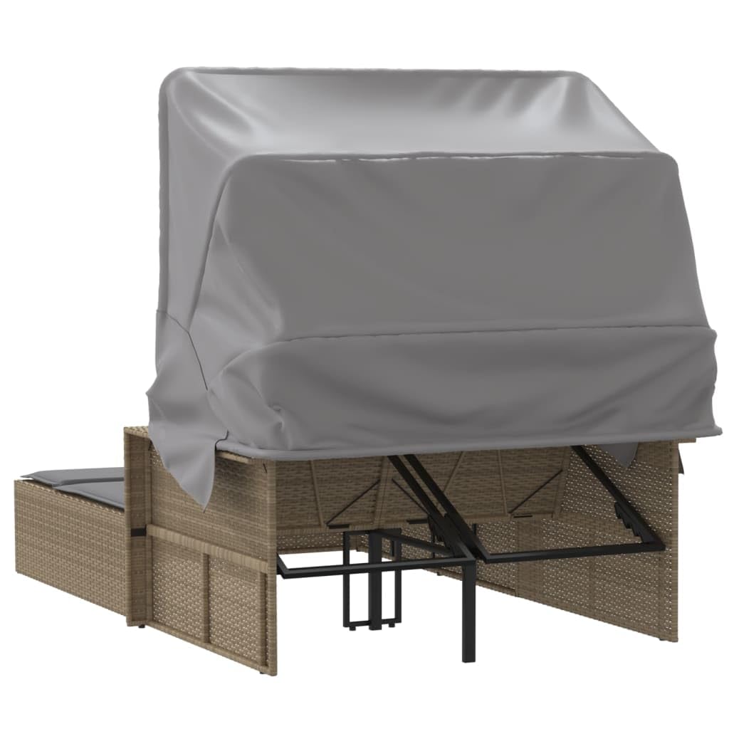 Homgoday Lits de jardin, lit double avec auvent et coussins beige mixte polyrotin, chaises longues, canapé-lit, lit meuble, lit de piscine, chaise longue de jardin w