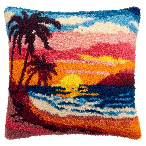 Amcdjkery Sunset Sea View Latch Hook Kit for Adults,Cute Pillow Cushion DIY Rug Making with Pre-Printed Canvas 17x17 Inch