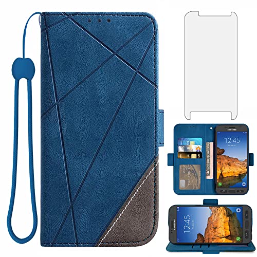 Asuwish Compatible with Samsung Galaxy S7 Active Wallet Case and Tempered Glass Screen Protector Flip Card Holder Stand Cell Phone Cover for Glaxay S7Active Gaxaly S 7 7Active 7s Galaxies G891A Blue