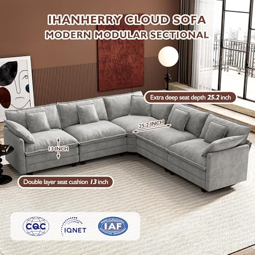 Image of Ihanherry 114 inch V-Shaped Modern Sofa Modular Sectional Cloud Couch with Corner Section, 5-Seat Chenille Deep Seat Sofa with 5 Pillows for Living Room, Bedroom and Apartment, Grey