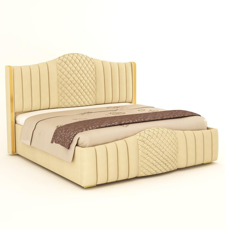 Image of Aesthetic crafts Hydraulic Bed Queen Size with Storage, Sheesham Wood Upholstered Wooden Double Bed, Queen Size Bed with Hydraulic Storage, Modern Platform Cot for Bedroom & Hotels, 6.5 x 5 Ft, Cream