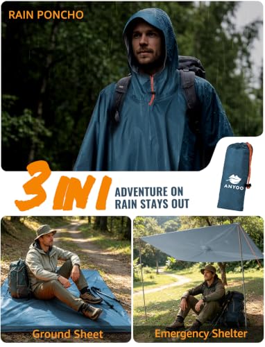 Image of ANYOO Hooded Rain Poncho for Adults Waterproof Lightweight Rain Coat for Men Women Reusable Rain Jacket for Emergency Outdoor