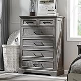 ACCOHOHO 6 Drawer Dresser, Farmhouse Chest of Drawers for Bedroom, 44' Tall Dresser with Large Metal Handles, Wood Drawer Organizer for Living Room, Hallway, Closet - Grey