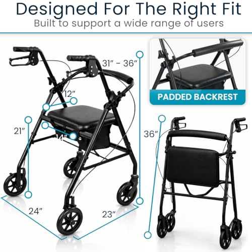 Image of Vive Ultra Lightweight Rollator Walker with Seat - Foldable, Narrow, Rolling Senior Walker for Small Spaces - 4 Wheel Aluminum Adult Easy Drive Aid with Underseat Accessory