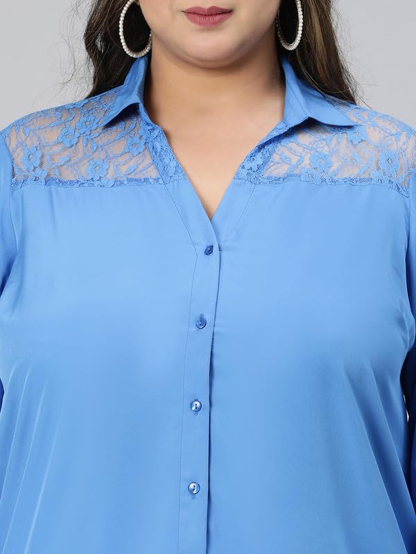 Image of oxolloxo Women Plus Size lace Detailed Collared Long Sleeve Shirt